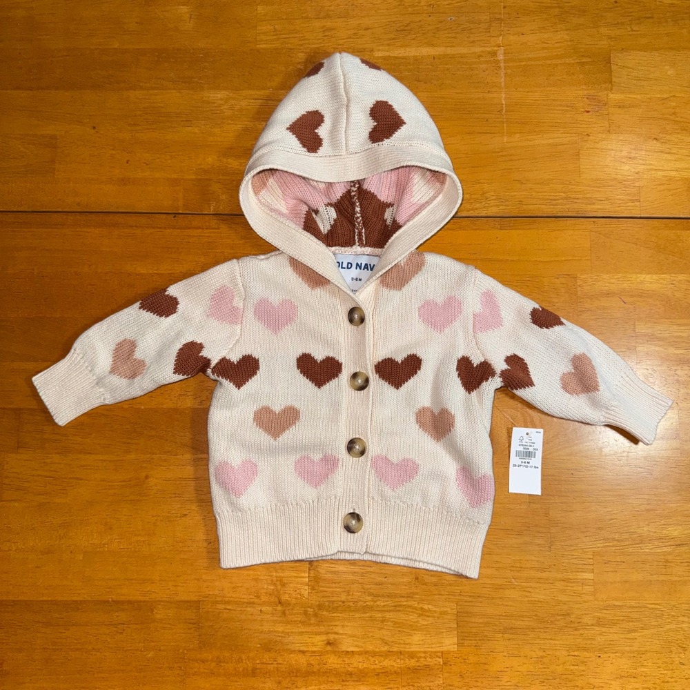 NWT Old Navy Baby Heart Print Hooded Cardigan Sweater Pink Brown Tan 3-6M
